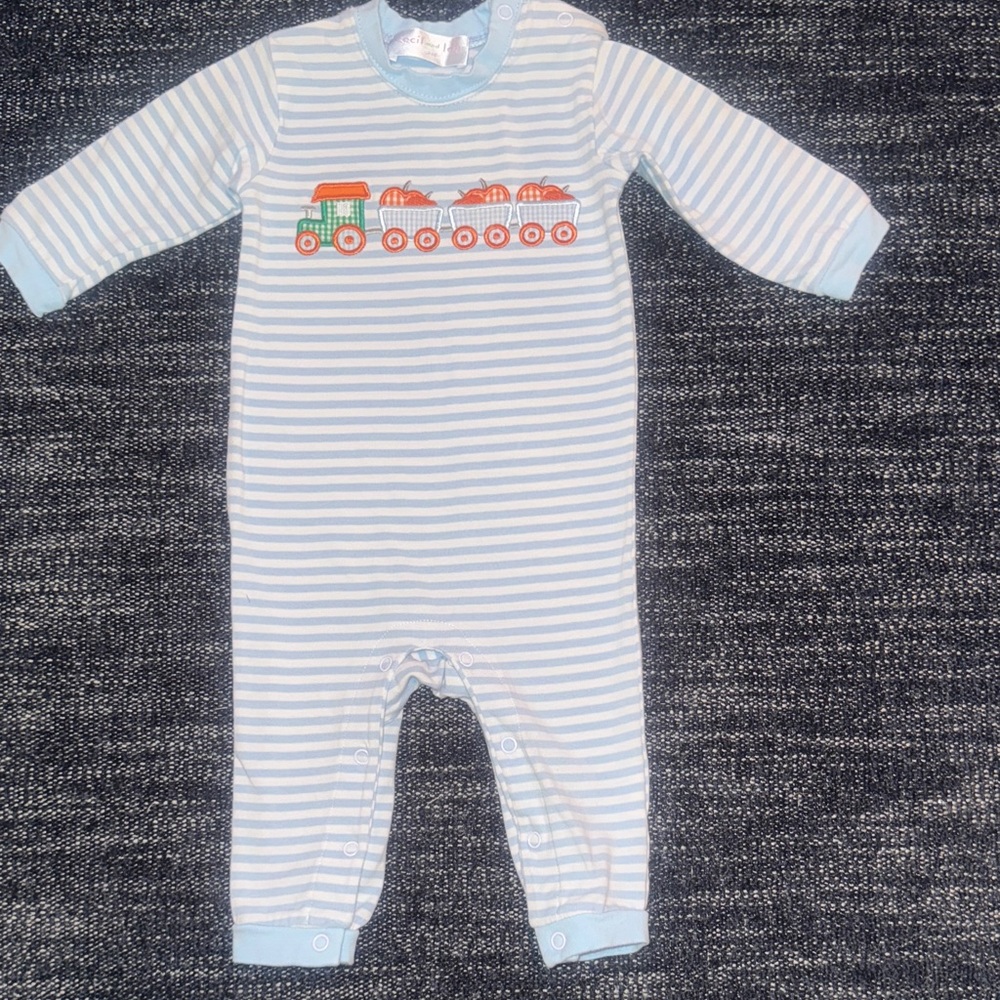 Charming Blue and White Striped Kids Footie with Train Design